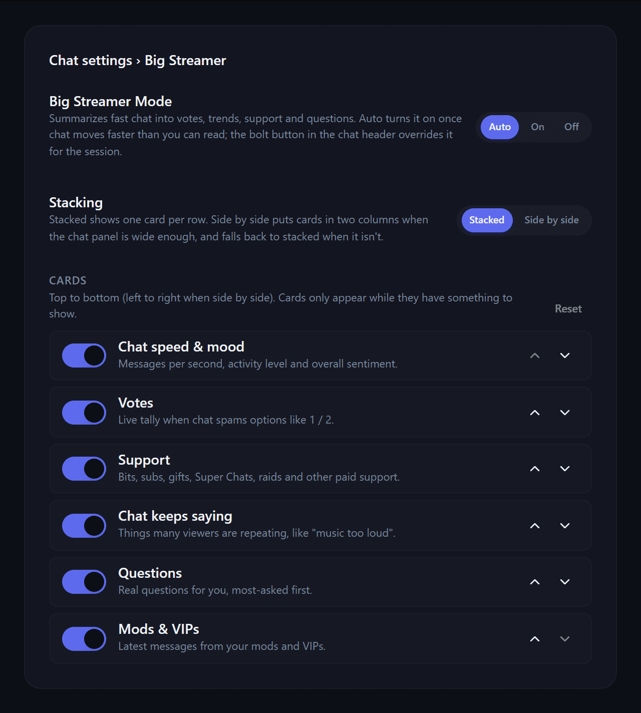 The Big Streamer tab in StreamBuddy chat settings, with the Auto, On and Off picker, Stacked and Side by side layout options, and a list of cards that can be switched on or off and reordered.