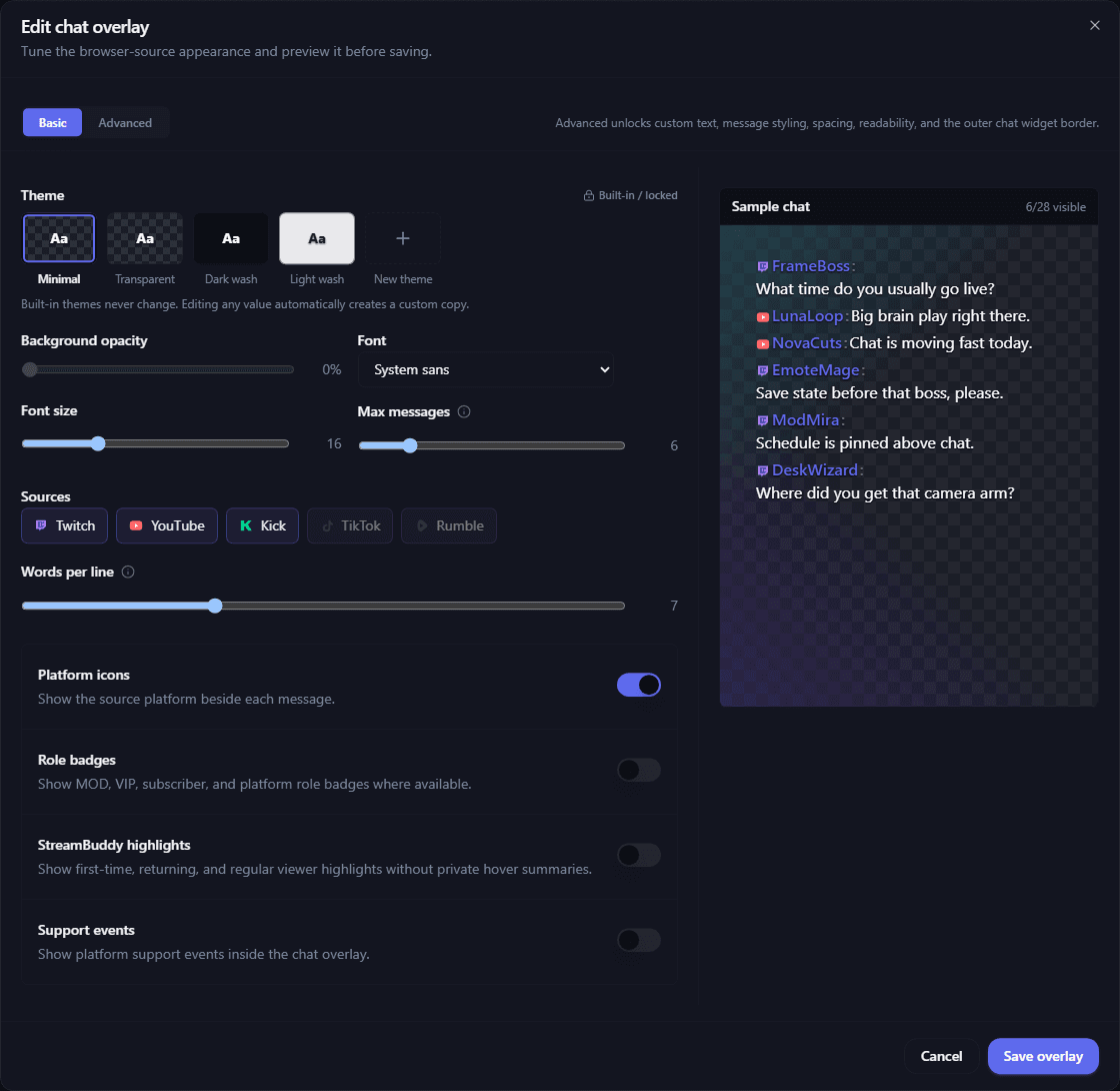 The StreamBuddy Edit chat overlay dialog showing theme choices, font and message controls, selected chat platforms, feature toggles, and a live sample chat preview.