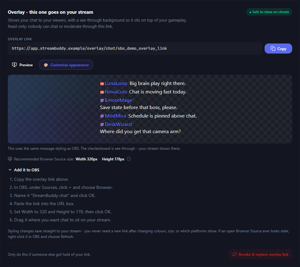 The StreamBuddy overlay setup card showing the safe overlay link, transparent chat preview, recommended Browser Source dimensions, and expanded Add it to OBS steps.